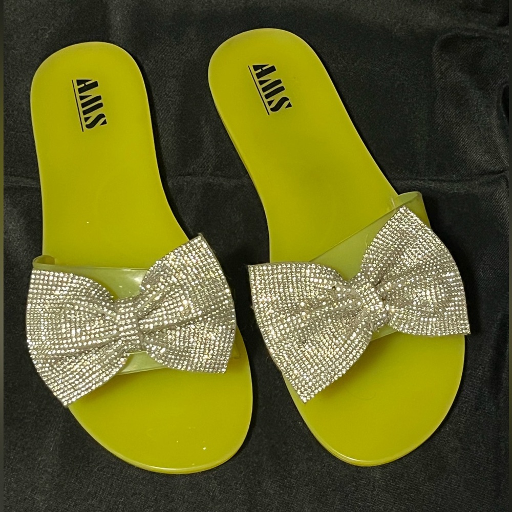 AMS neon yellow bling slip slides Size 40